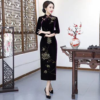 Lepe Vezenine Lady Elegantno Zgostitev Qipao Seksi Visoko Split Kitajski Slog, Formalno Stranko Obleko Cvet Dolgo Cheongsam Vestidos