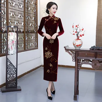 Lepe Vezenine Lady Elegantno Zgostitev Qipao Seksi Visoko Split Kitajski Slog, Formalno Stranko Obleko Cvet Dolgo Cheongsam Vestidos