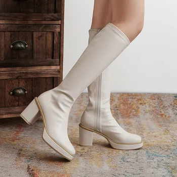 2020 jeseni, pozimi ženske kolena visoki škornji mikrovlaken usnja platforma čevlji debele visokih petah najnovejši nočni klub, čevlje, ženska petah