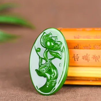 Naravni Green Jade Lotus Ogrlico, Obesek, Kitajski Ročno Izrezljane Moda Jadeit Nakit Dodatki Čar Amulet za Moške, Ženske