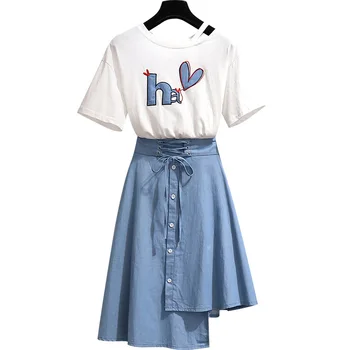 ICHOIX S-3XL Sladko ženske sklop 2 kos belega t-shirt 2 kos krilo nastavite korejski plus velikost set 2019 poletno obleko čipke študent set