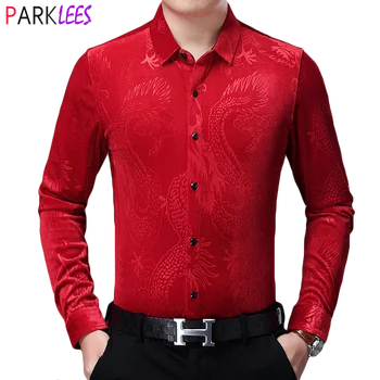 Rdeče Žametno Obleko Srajce Moške 2020 Moda Kitajski Zmaj Jacquardske Velur, Slim Fit Majica Moški Priložnostne Toplo Gumb Navzdol Srajca Homme