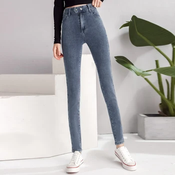Jeans za ženske visoko pasu plus velikost Elastičnost suh modra siva gumb ženskega Jeansa svinčnik sopihanje 4XL 5XL