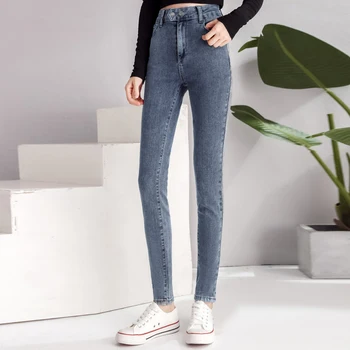 Jeans za ženske visoko pasu plus velikost Elastičnost suh modra siva gumb ženskega Jeansa svinčnik sopihanje 4XL 5XL