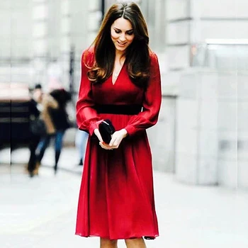 Kate Middleton vzletno-pristajalne Steze Visoke Kakovosti Spomladi Leta 2020 Novo Modo Žensk na Delovnem mestu Priložnostne Stranka Letnik Elegantno Elegantno Proti-Vrat Rdeča Obleka