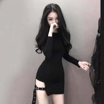 Tesen vgradnjo Dolgo sleeved Slim Črna Mini Obleka Ženske 2019 Pomlad Jesen korejska Različica Tanke Seksi Modni Vrečko Hip Obleko