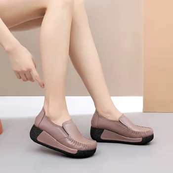 Pravega Usnja Loafers Za Ženske Slip-on Ravno Čevlji Platform Superge Lučka 4 Barv, Dame Višino Narašča Debele Podplate Stanovanj