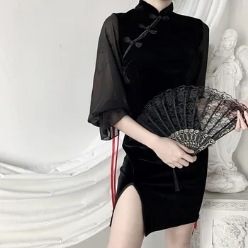 SVOKOR Črnega Cheongsam Šivanje Obleka Ženske Režejo Čipke Pregleden Svileni Rokav Ženska Obleke Seksi Dama Slim Kitajski Oblačila