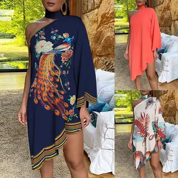 2020 poletje Ženske obleke Moda Choker Pav Natisniti Eno Ramo Nezakonitih Ogrlicom Robom Obleko Choker Design женское платье